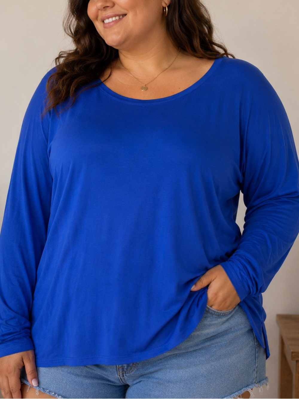 Ashley Stewart Royal Blue Scoop Neck Long Sleeve Top 5X